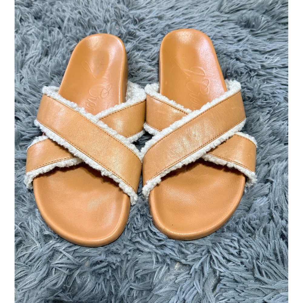 J.Crew Crisscross Slide Sandals‎ Womens 10 Tan Cozy Leather Faux Shearling